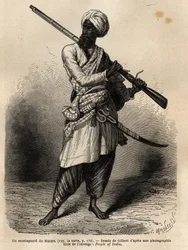 Un montañés de Hazara (Punjab, India). Grabado para ilustrar el viaje a Punjab y Cachemira, historia por Guillaume Lejean, en 1866, publicado en "Le tour du monde, nouveau journal des voyages", bajo la dirección de Edouard Charton
