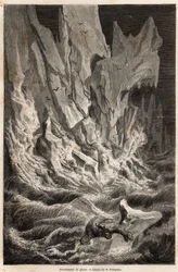 Un oso polar deriva en un iceberg, tras el colapso de un bloque de hielo de Spitzberg, un archipiélago del Océano Ártico, dibujo de V. Foulquier, para ilustrar el Spitzberg en 1838-1839, por Charles Martins. Grabado en 