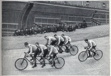 Un ciclista récord con sus entrenadores en trenes tripletes en una pista de bicicletas. Grabado en “La Nature”