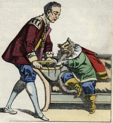 Un sirviente sirve al gato con botas una bandeja de ratones. Ilustración del cuento "El gato con botas" de Charles Perrault