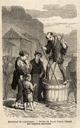 Un vendedor de conchas en medio de la calle se equilibra sobre el barril que contiene sus mercancías, que remolca con dos largos palillos. Grabado para ilustrar el viaje a Japón, en 1863-1864, por Aime Humbert, ministro de la Confederación Suiza, en "Le to