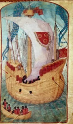 Un barco con vela decorada con el escudo de armas de Louis Malet (1441-1516), señor de Granville (miniatura de Olivier de la Marche)