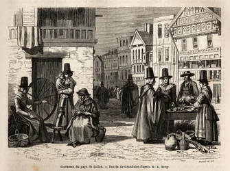 Una calle en Gales, con lugareños vestidos con trajes tradicionales y actividades cotidianas: una familia de primera mano y mujeres hilando lana con ruedas. Grabado para ilustrar un viaje en el país de Gales, en 1862, por Alfred Erny, en "Le tour du monde,