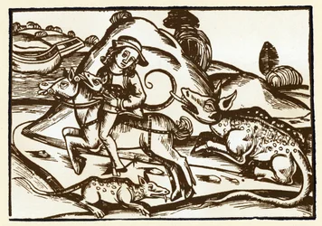 Un viajero se encuentra con dos tigres monstruosos con aspecto de Basílica. Las fábulas de Esopo (grabado, finales del siglo XV)