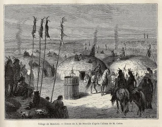 Un pueblo de indios Mandans (o noumah ka kie: faisanes) en la orilla izquierda del Missouri, a 600 leguas de la ciudad de Saint Louis. Grabado para ilustrar una excursión entre las tribus indias de las cuencas de Colombia y el Alto Missouri, por G. Catlin,