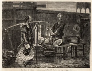Un vendedor ambulante de frituras, lleva sus donas en cestas, y viaja al mercado para vender, a los otros comerciantes, el almuerzo. Grabado para ilustrar el viaje a Japón, en 1863-1864, por Aime Humbert, ministro de la Confederación Suiza, en “Le tour du 
