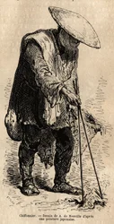 Un trapo ambulante, usando largos palillos agarra los trapos que almacena en su cesta antes de venderlos a un mayorista. Grabado para ilustrar el viaje a Japón, por Aime Humbert, ministro de la Confederación Suiza, en 1863-1864, publicado en "le tour du mo