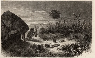Un tejedor y su tejedor, en las orillas del río Zambeze. Grabado para ilustrar los primeros viajes del Dr. Livingstone al sur de África de 1840 a 1856, en 