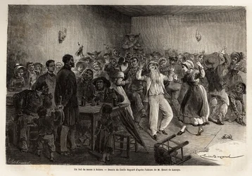 Un baile de bodas en Salers, grabado para ilustrar un viaje a los volcanes del centro de Francia en 1864, en “Le tour du monde, nouveau journal des voyages” publicado bajo la dirección de Edouard Charton