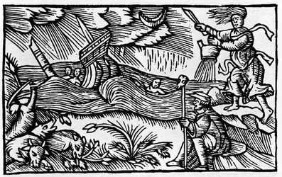 Una bruja causa una tormenta según “Historia de gentis nortentrionalibu” de Olaus Magnus, Roma 1555