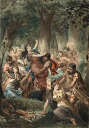 Rapto de las Sabinas por los romanos. Grabado de 1881 en “El Culto de la Hermosura” de Juan Justo Huguet, Molinas Hermanos editores.