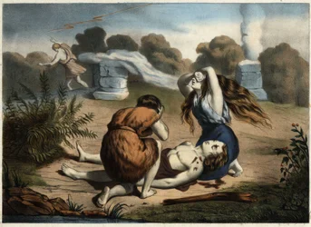 La muerte de Abel. Abel sacrificó una de sus ovejas a Dios. Dios prefirió esta ofrenda a la ofrenda de frutos de su hermano Caín. Este, celoso, asesina a su hermano (grabado anónimo de mediados del siglo XIX)