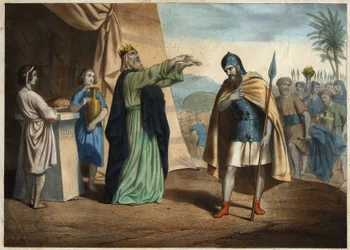 Abraham victorioso de los cuatro reyes recibe la bendición de Melquisedec, rey de Salem. Grabado anónimo de mediados del siglo XIX