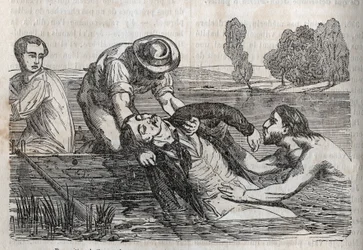 Medicina de accidentes - sobre el alivio más efectivo para los ahogados - para sacar a un hombre ahogado del agua, hay que hacerlo de la manera más conveniente posible - grabado en 