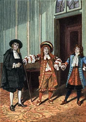 Acto II de "Le Bourgeois Gentilhomme" comedia-ballet en cinco actos en prosa de Molière. El maestro filósofo (Sr. Lenoir), el maestro de danza (Sr. Truffier), Sr. Jourdain (Sr. Coquelin joven). Alrededor de 1890.