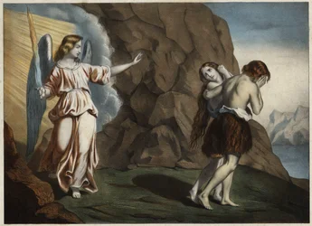 Adán y Eva expulsados del Paraíso. Grabado anónimo de mediados del siglo XIX.