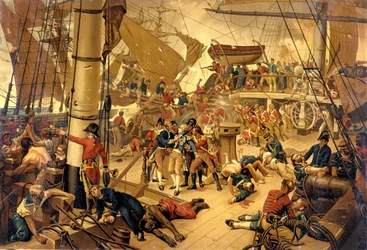 El almirante Nelson gravemente herido en el Puente de la Victoria durante la Batalla de Trafalgar el 21/10/1805