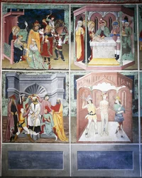 Adoración de los Magos, circuncisión, burla, flagelación, Vida de Cristo (siglo XV), frescos, Capilla de San Sebastián, Villard-de-Lans, Ródano-Alpes, Francia