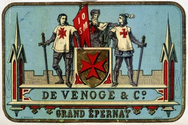 Etiqueta publicitaria de "Venoge - Grand Epernay" (caballeros de Malta). s.d. siglo XIX