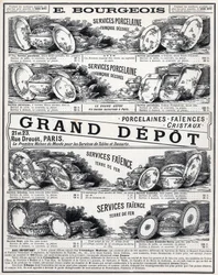Publicidad de 1889 para "La Ceramic Moderne By Le Grand Depot De Porcelaines, Faiences Et Verreries Bourgeois en París"