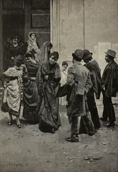 Después de misa, pintura de Arnaldo Ferraguti (1862-1925), grabado de Sabbatini de L