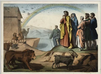 Después del diluvio, los animales descienden del arca. A la derecha: Noé, su esposa, sus tres hijos (Sem, Cam y Jafet) y sus esposas. Al fondo, el arco iris (símbolo del pacto de la creación entre Noé y Dios). Grabado anónimo de mediados del siglo XIX.