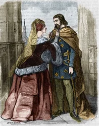 Agnès Sorel (1422-1450) (Dama de Beauté-sur-Marne) y el Rey de Francia Carlos VII en la Abadía de Jumièges. Grabado del siglo XIX.