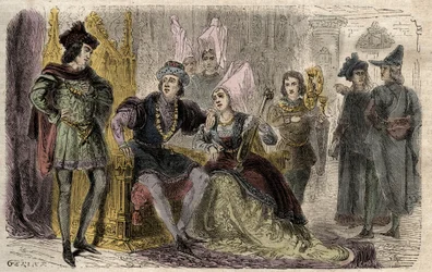 Agnès Sorel (1422-1450) en la corte de Carlos VII - Agnès Sorel en la corte de Carlos VII - grabado en "Diccionario popular ilustrado" - 1864 - por Joseph Decembre y Edmond Allonier -