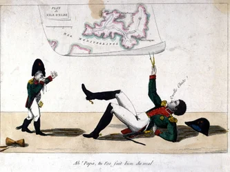 Ah, papá, te lastimaste. Caricatura sobre el exilio de Napoleón Bonaparte en la isla de Elba