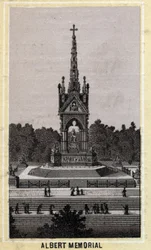 Albert Memorial, Londres, Inglaterra. Cromolitografía de finales del siglo XIX