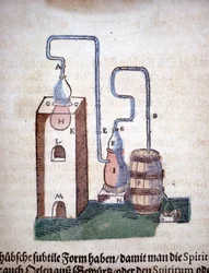 Alquimia: aparato para destilación, tomado de un libro de Pietro Andrea Mattioli (1500-1577). Frankfurt