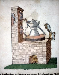 Alquimia: aparato para destilación, tomado de un libro de Pietro Andrea Mattioli (Matthiole) (1500-1577). Frankfurt