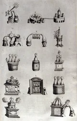 Alquimia: tablero que representa diferentes modelos de aparatos de destilación y alambiques. Athanase Kircher (o Athanasius Kircheri 1602-1680), jesuita alemán. Grabado del siglo XVII.