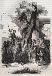 Alcina y su corte vienen a saludar a Ruggiero - grabado de 1851 del poema Orlando furioso (1516) de Ludovico Ariosto, - Edición traducida del italiano por el Conde de Tressan y publicada por Gustave Harvard 1851