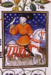 Representación alegórica de mayo. Un joven señor con calzas apretando en la rodilla una liga sosteniendo un halcón. Miniatura de un manuscrito del siglo XIV;