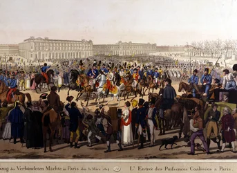 Los aliados entraron en París el 31 de marzo de 1814 (Rusia Alejandro I, el emperador austriaco Francisco José I y el rey prusiano Federico Guillermo III)