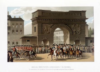 Los aliados entraron en París el 31 de marzo de 1814 (Rusia Alejandro I, el emperador austriaco Francisco I y el rey prusiano Federico Guillermo III.) grabado de 1826.