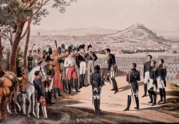 Aliados de Prusia bajo Schwartzenberg derrotan a los franceses bajo Marmont/Mortier (grabado)