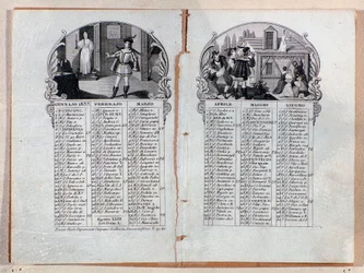Calendario almanaque del año 1837 decorado con escenas de la ópera La sonnambula, por Vincenzo Bellini