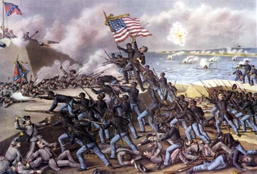 Guerra Civil estadounidense (1861 - 1865): ataque a Fort Wagner, en Jekyll Island frente a Georgia, por 2000 voluntarios negros en julio de 1863. Grabado del siglo XIX.