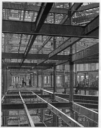 Construcciones de armazón de hierro americanas - el armazón del Palace Hotel en Denver Colorado - grabado en “Nature” de 1892.