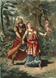 Amestris, esposa de Jerjes, rey de los persas, es raptada por un sirviente de Artaynte. En «El Culto de la Hermosura» de Juan Justo Huguet, Molinas Hermanos editores