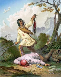 Un indio americano sosteniendo un cuchillo y un cuero cabelludo sobre un hombre tendido en el suelo. Grabado c. 1860
