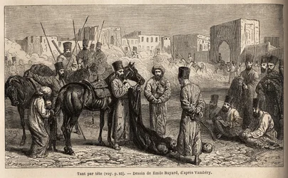 Un contable del Kan recibe las cabezas de los enemigos y a los rehenes, mujeres y niños atados a las colas de los caballos. Dibujo de Émile Bayard (1837-1891) para ilustrar el viaje a Asia Central, en 1863, de Arminius Vámbéry (científico húngaro)