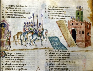Un ejército se aproxima a un castillo. Miniatura del «Roman de Troie» de Benoît de Sainte-Maure. Siglo XIV, Biblioteca Marciana, Venecia.