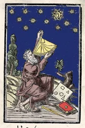 Un astrónomo haciendo cálculos usando un sextante durante un eclipse. Grabado del siglo XVI