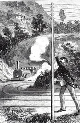 Grabado que representa a un ferroviario enviando una señal de emergencia a través de un telégrafo ferroviario.