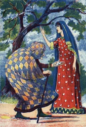 Una anciana le da cuatro huevos a Florine. Ilustración anónima para el cuento “El pájaro azul” de Madame d