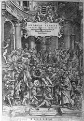 Sala anatómica. Frontispicio de la obra “Humani corporis fabrica libri septem 1543” de André Vésale (1514-1564), anatomista holandés (En latín: Andrea Vesalius, en holandés: Andries Van Wesel)