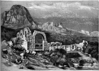 Arquitectura antigua: ruinas del templo romano de Zaghouan (Túnez). Grabado por Riugel en “El Mundo Ilustre” n°1308 del 22 de abril de 1882.